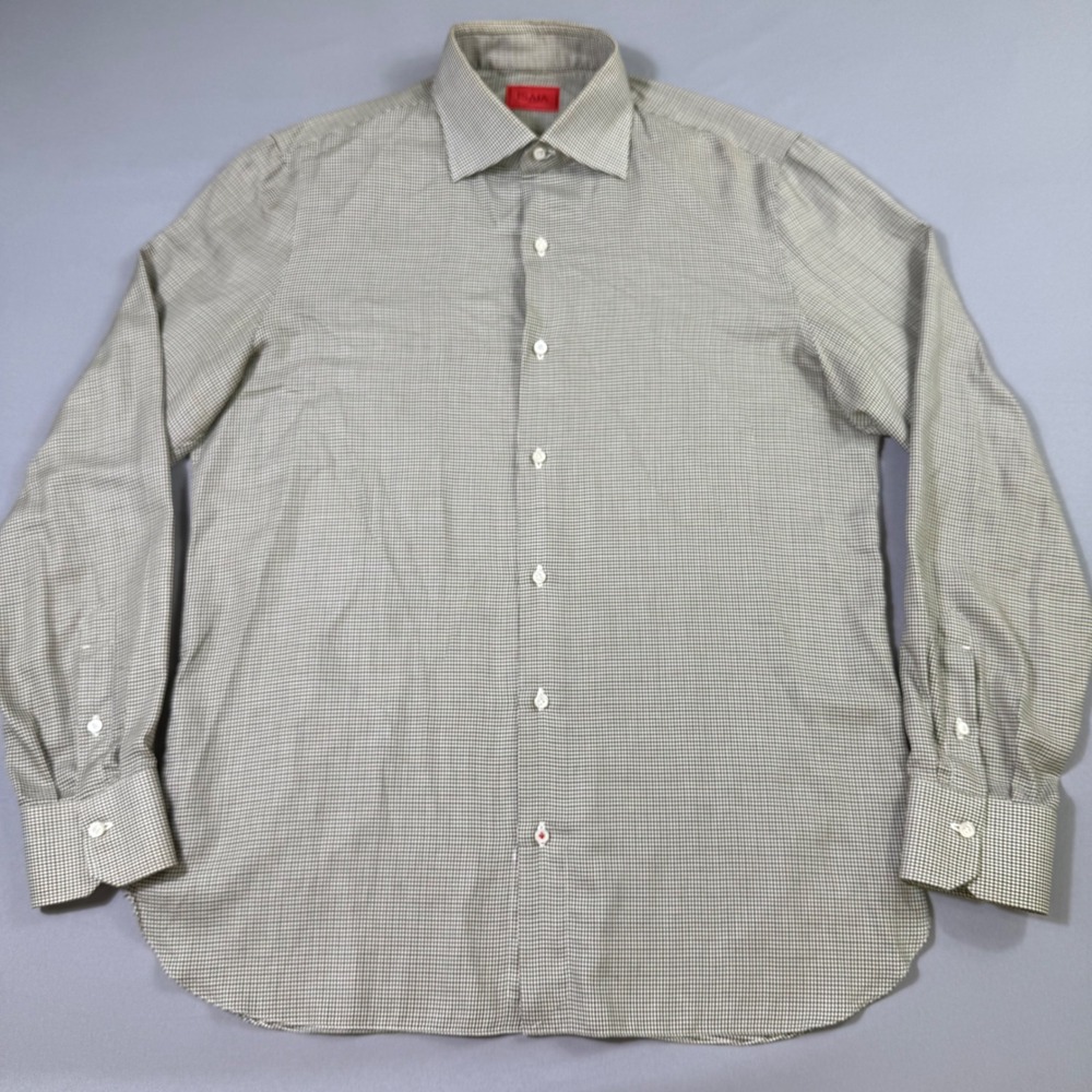 Isaia Button Up Shirt Mens 16.5/42 Olive Green Brown Micro Houndstooth Italy